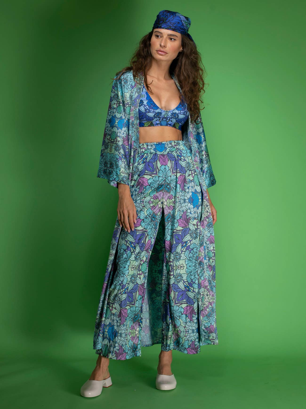 Blue Floral satin Wide-Leg Pants