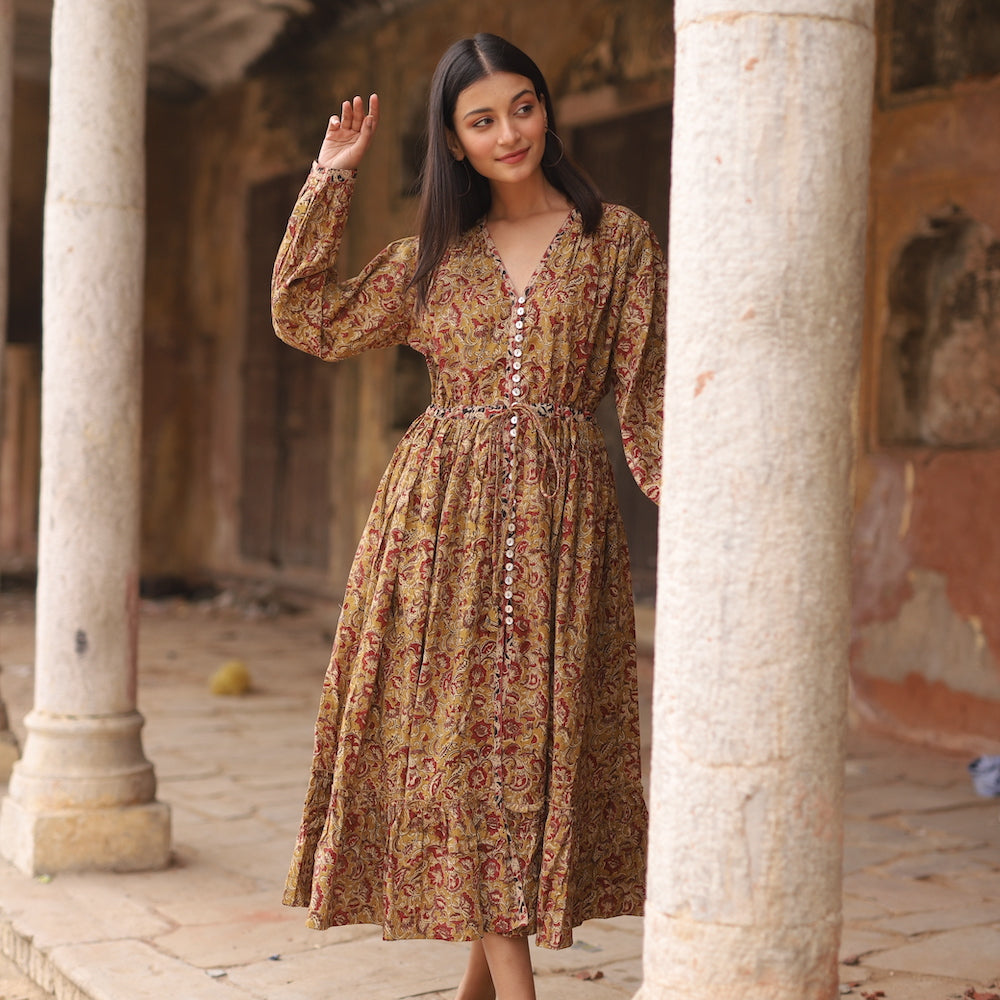 Naturally Dyed Block Printed Kalamkari Dress (Eartha Dress)