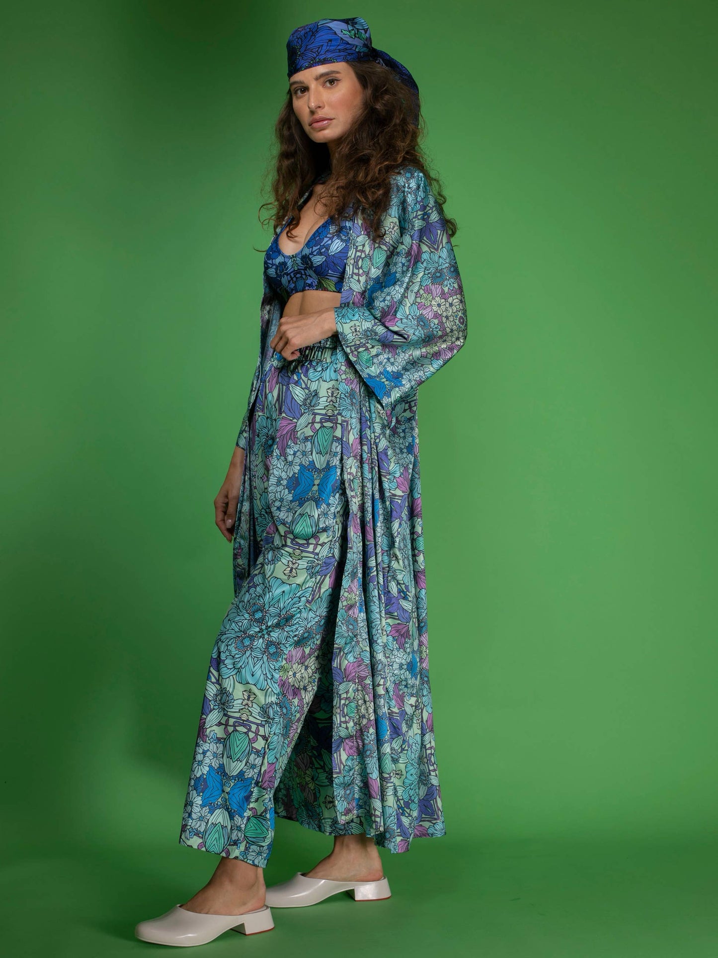 Blue Floral Satin Kimono