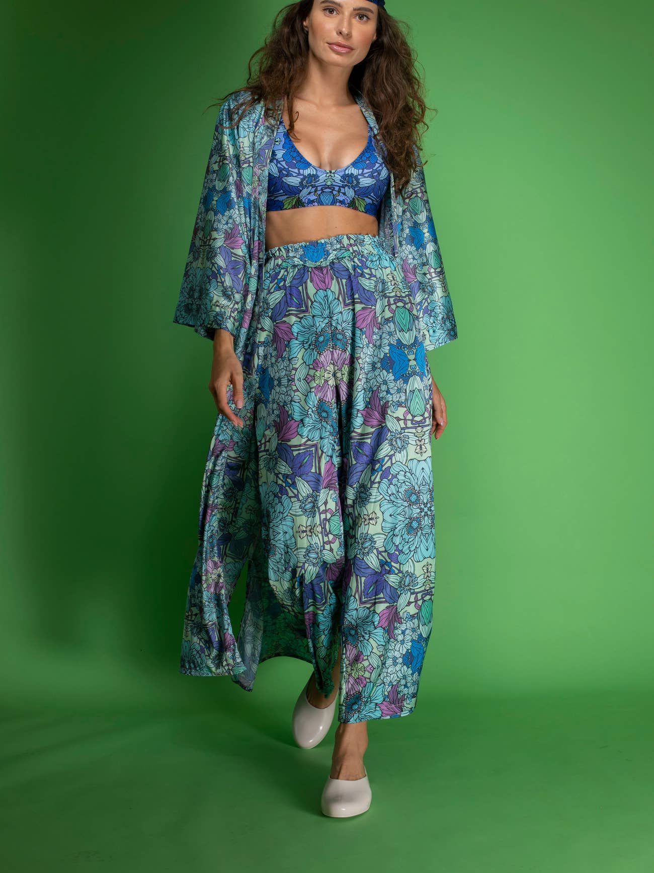 Blue Floral Satin Kimono