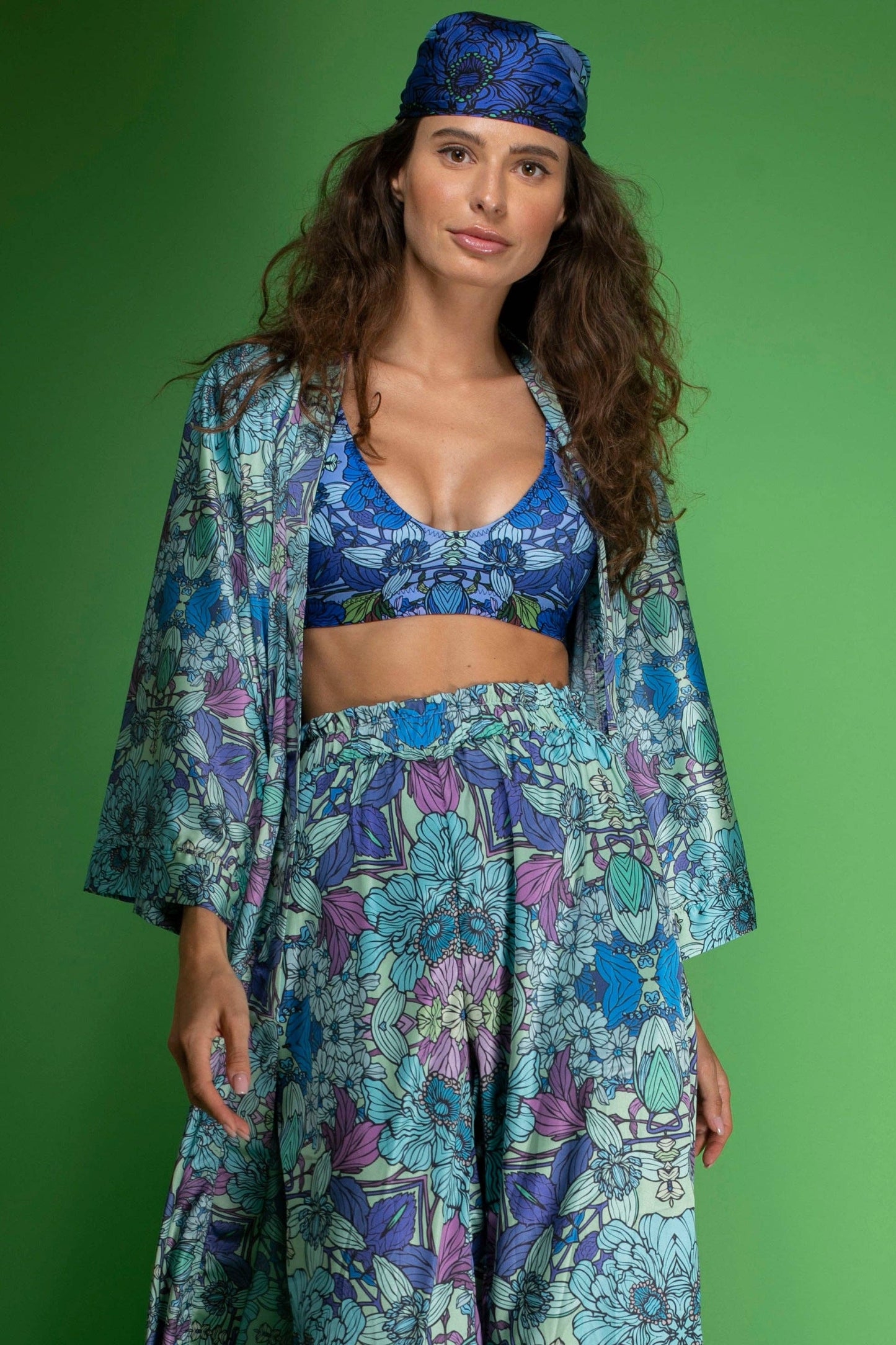 Blue Floral Satin Kimono