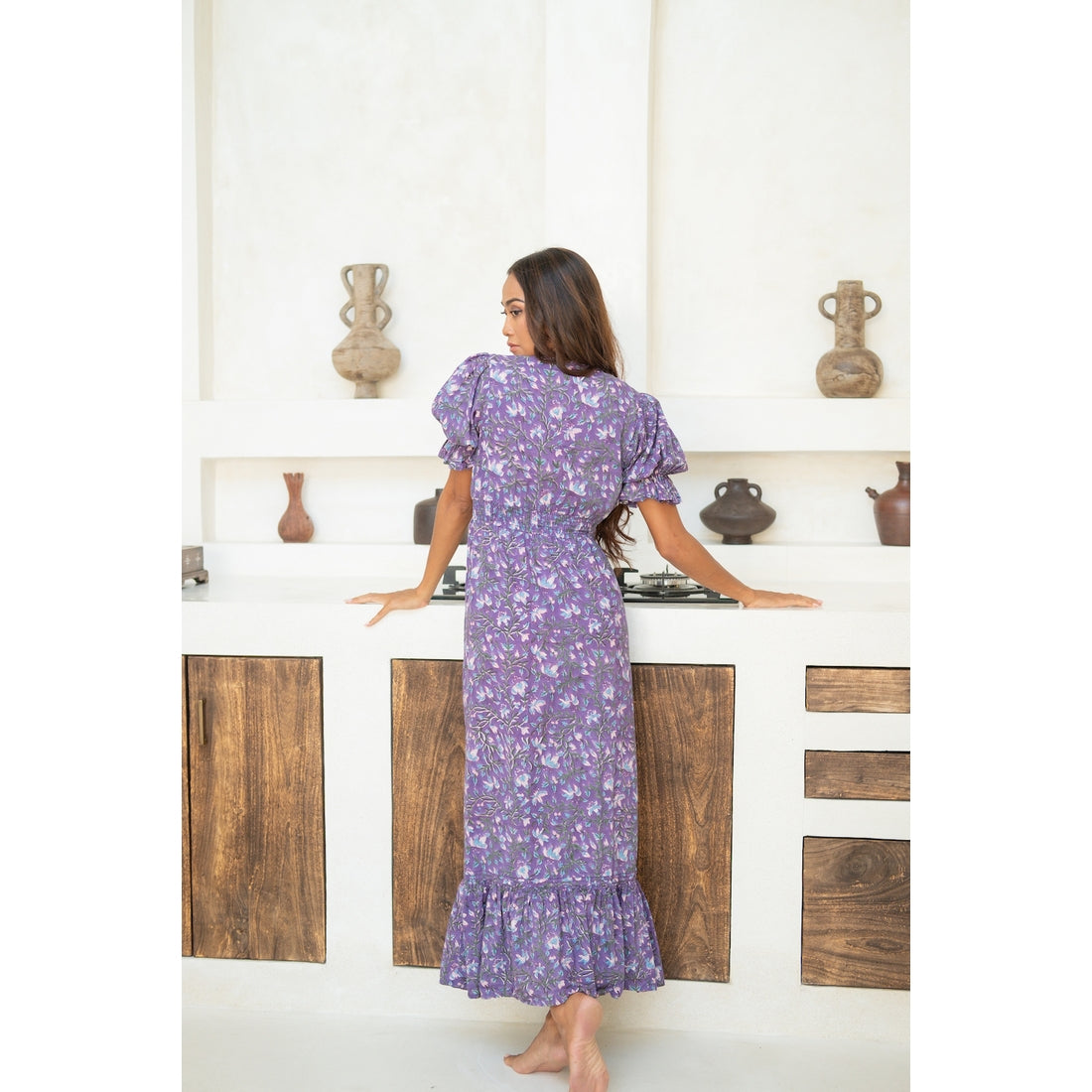 Tatiana Block Printed Dress (Eggplant)