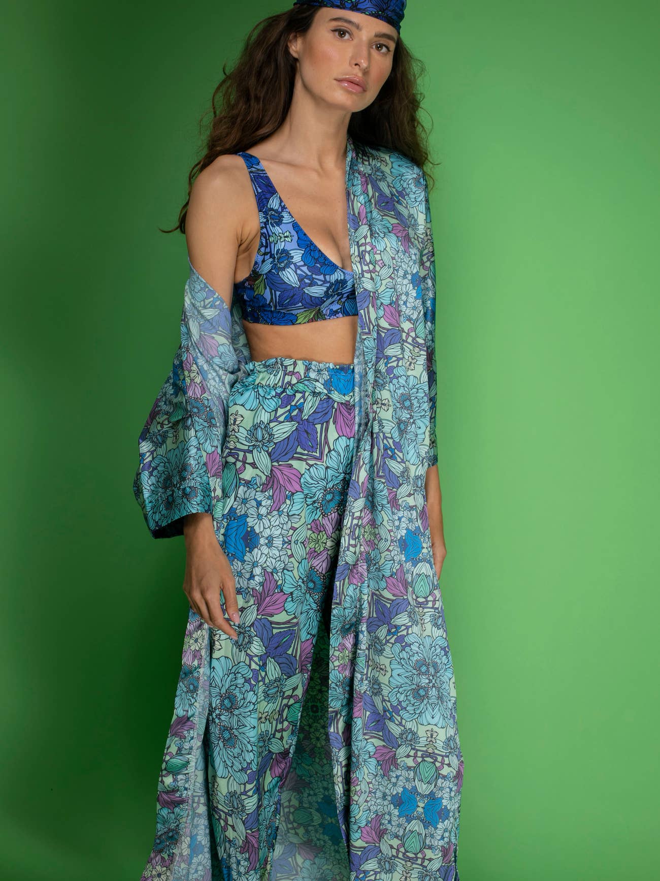 Blue Floral satin Wide-Leg Pants