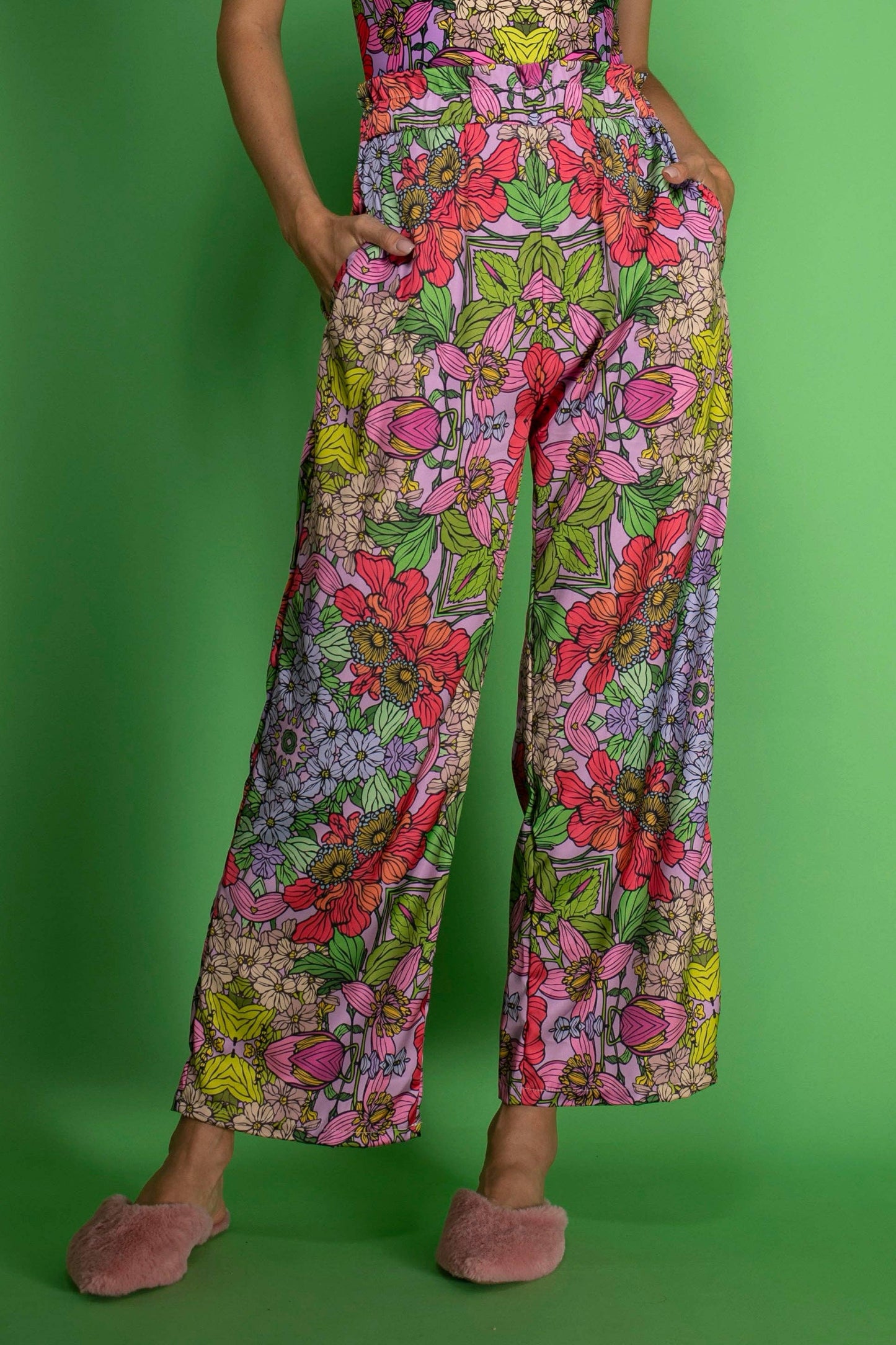 Red Floral Satin Wide-Leg Pants