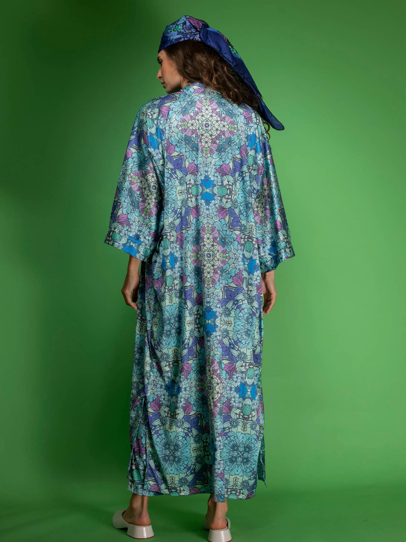 Blue Floral Satin Kimono