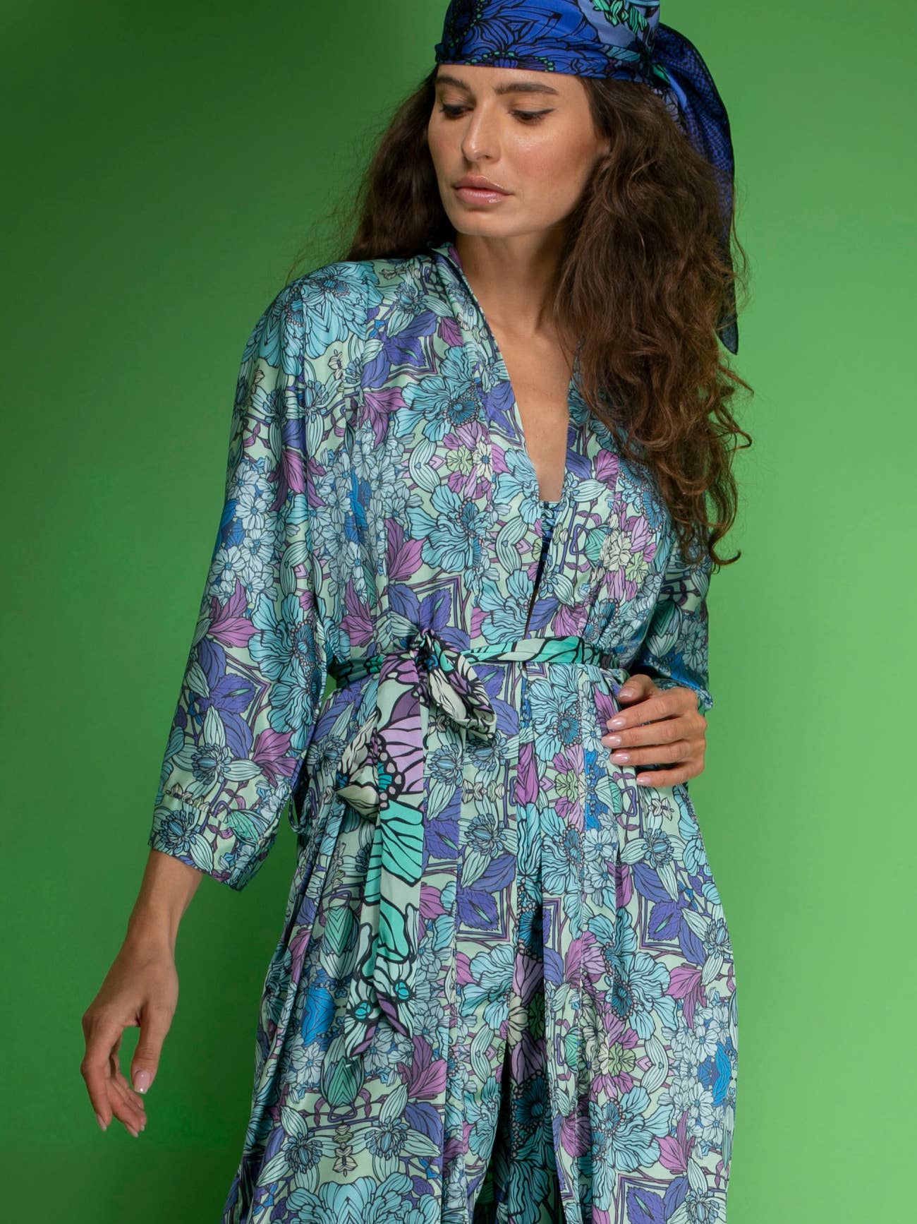 Blue Floral Satin Kimono